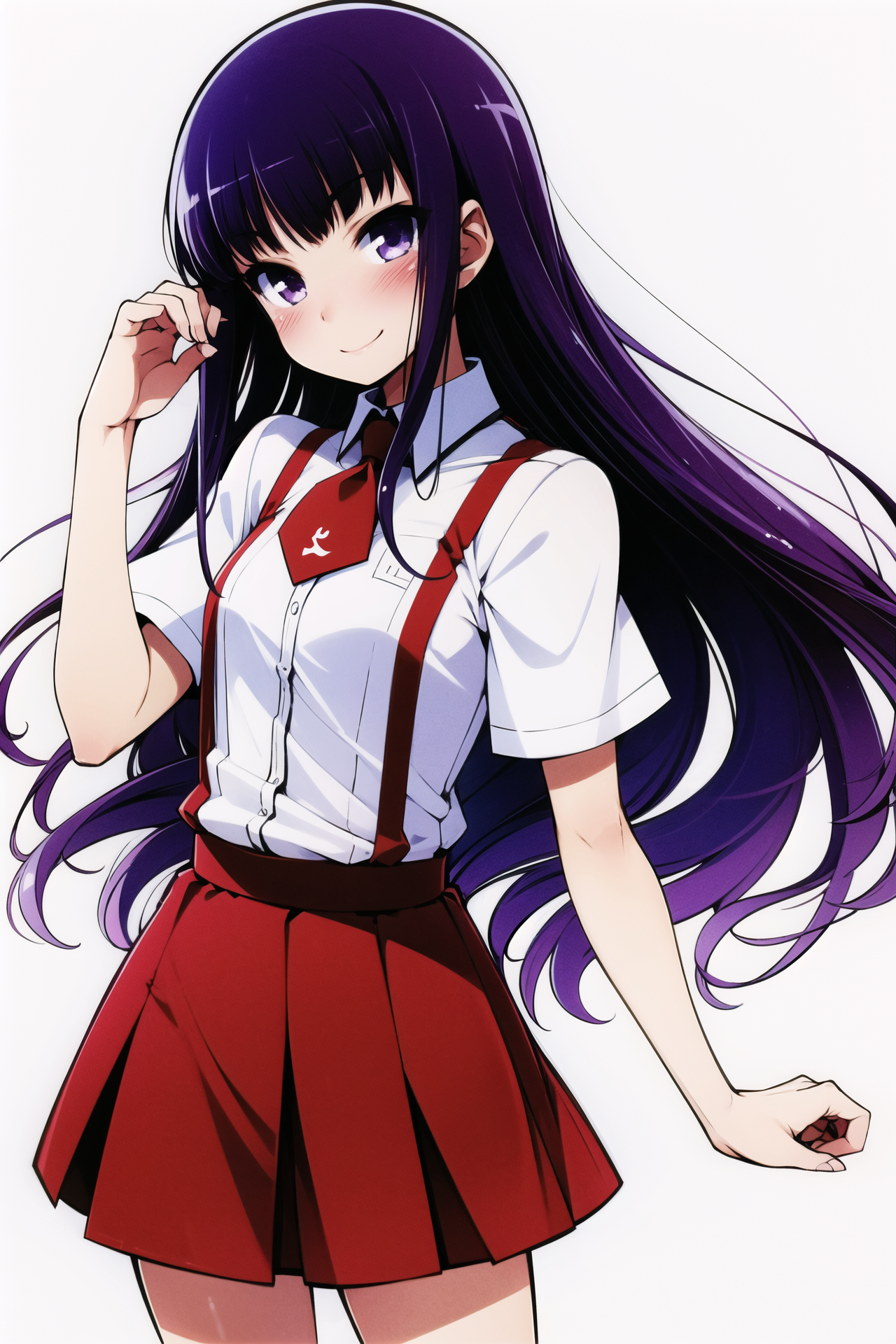 15983-2059797245-Kirishima Shouko, 1girl, solo, long hair, school uniform, red skirt, purple hair, red necktie,blush,  smile, purple eyes, simple.png